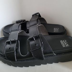 Madden NYC Women's Casual Lug-Sole Footbed Vegan Sandals Black Size 10